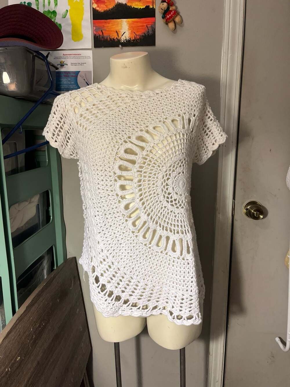 Chico's Crochet Top Size 2 White Cotton Doily Motif Short Sleeve